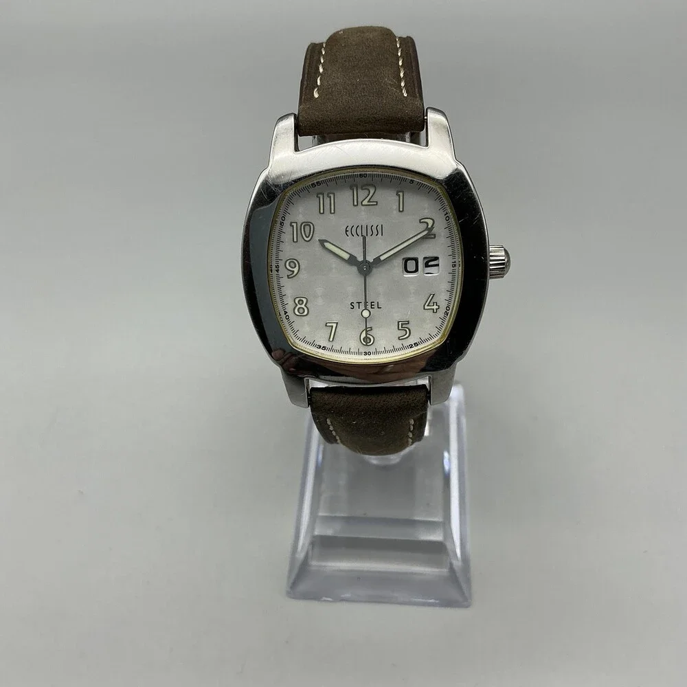 Ecclissi 75425 Womens Watch 35mm White Dial Brown Leather Date New Battery